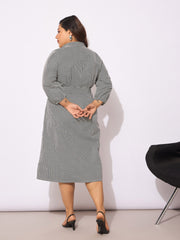 Women White & Black Pinstripes Belted Midi Shirt Dress