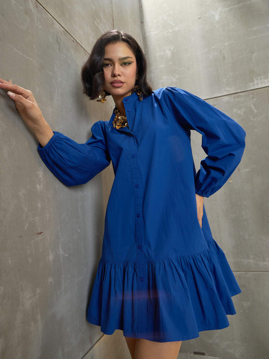 Women Royal Blue Poplin Frill Hem Short Dress