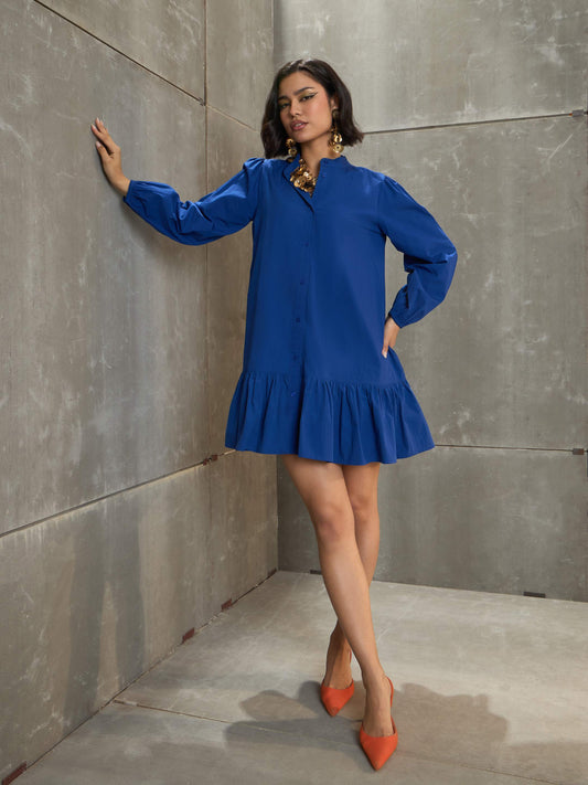 Women Royal Blue Poplin Frill Hem Short Dress