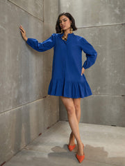 Women Royal Blue Poplin Frill Hem Short Dress