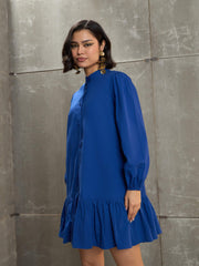 Women Royal Blue Poplin Frill Hem Short Dress