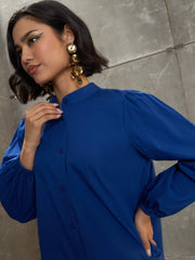 Women Royal Blue Poplin Frill Hem Short Dress