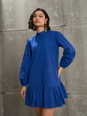 Women Royal Blue Poplin Frill Hem Short Dress