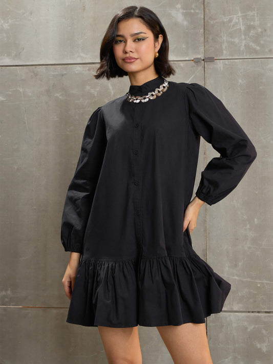 Women Black Poplin Frill Hem Short Dress