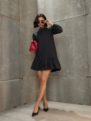Women Black Poplin Frill Hem Short Dress