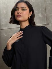 Women Black Poplin Frill Hem Short Dress