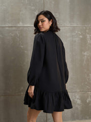 Women Black Poplin Frill Hem Short Dress