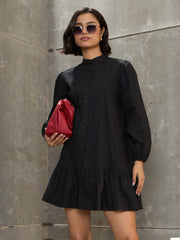 Women Black Poplin Frill Hem Short Dress