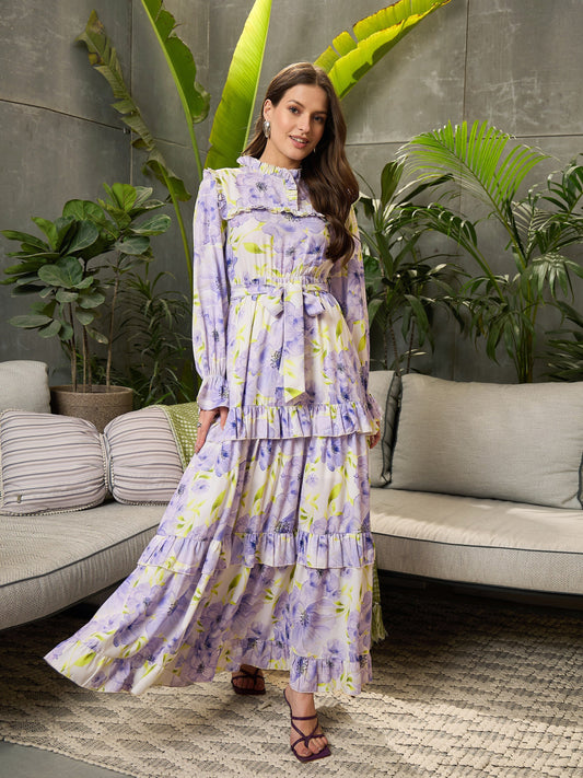 Women Lavender Floral Tiered Maxi Dress