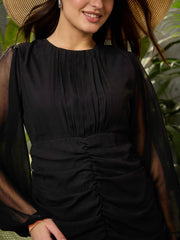 Women Black Front Ruched Detail Midi Dress