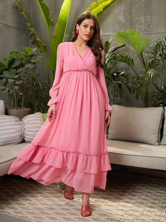 Women Pink Wrap V-Neck Maxi Dress