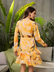 Women Yellow Floral Frill Hem Short Dress