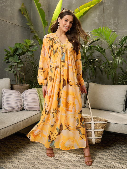 Women Yellow Floral Elasticated V-Neck Maxi Dress