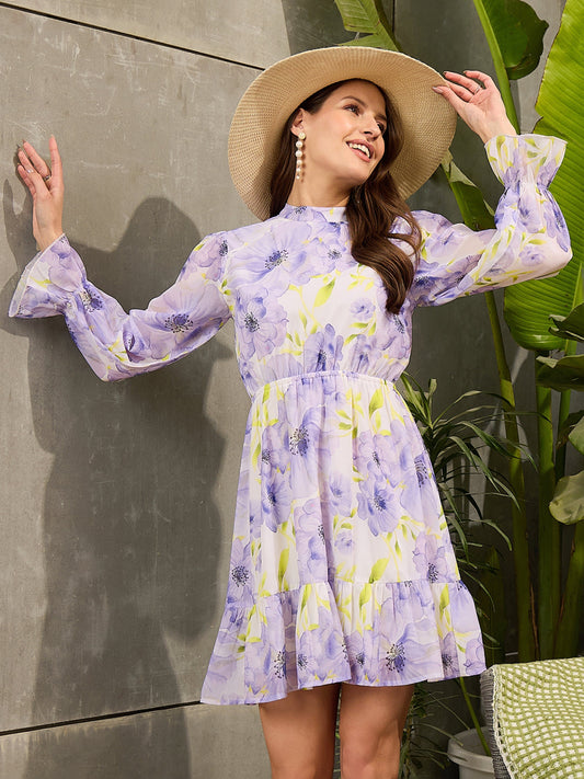 Women Lavender Floral Back Cut Out Short Dress