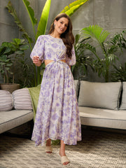 Women White Floral Waist Cut-Out Midi Dress