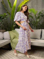 Women White Floral Waist Cut-Out Midi Dress