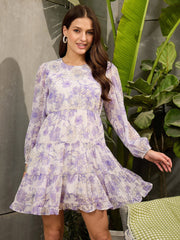 Women White Floral Tiered Short Dress