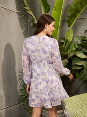 Women White Floral Tiered Short Dress