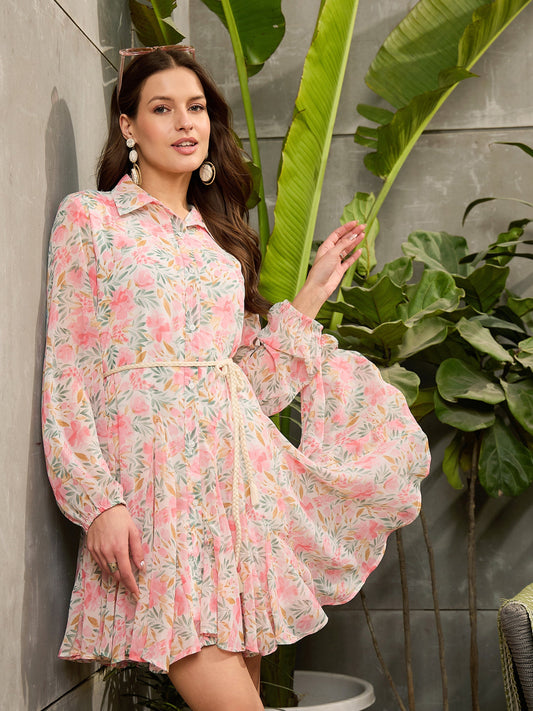 Women Light Pink Floral Flared Shirt Dress