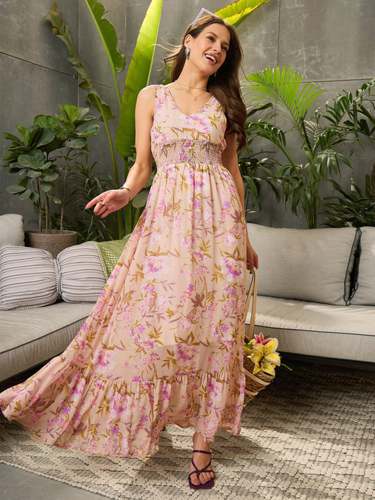 Women Beige Floral Sleeveless Maxi Dress