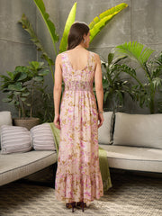 Women Beige Floral Sleeveless Maxi Dress