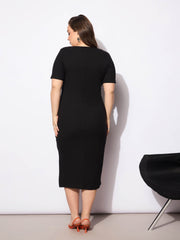 Women Black Rib Square Neck Short Sleeves Midi Dress