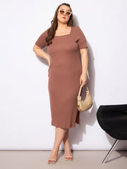 Women Brown Rib Square Neck Short Sleeve Midi Dress