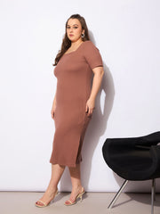 Women Brown Rib Square Neck Short Sleeve Midi Dress