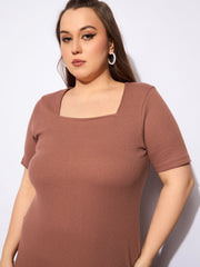 Women Brown Rib Square Neck Short Sleeve Midi Dress