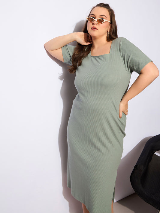 Women Green Rib Square Neck Short Sleeves Midi Dress