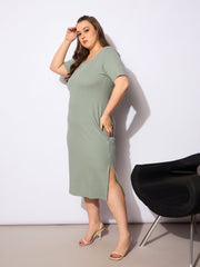 Women Green Rib Square Neck Short Sleeves Midi Dress