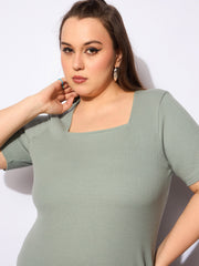 Women Green Rib Square Neck Short Sleeves Midi Dress