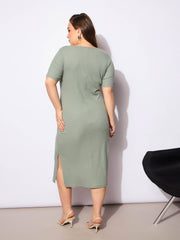 Women Green Rib Square Neck Short Sleeves Midi Dress