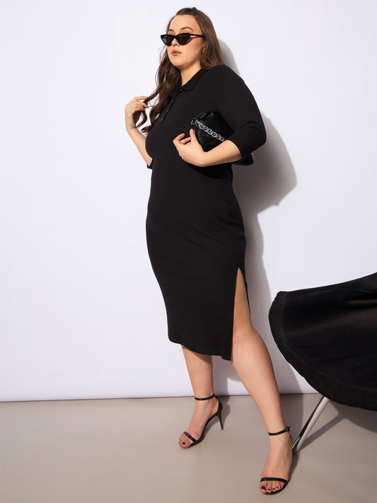 Women Black Rib Collar Neck Front Button Midi Dress