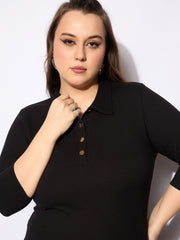 Women Black Rib Collar Neck Front Button Midi Dress