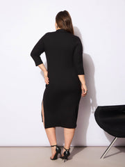 Women Black Rib Collar Neck Front Button Midi Dress