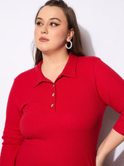 Women Red Rib Collar Neck Front Button Midi Dress