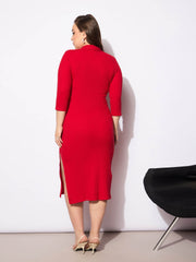 Women Red Rib Collar Neck Front Button Midi Dress