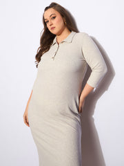 Women Beige Melange Front Button Midi Dress