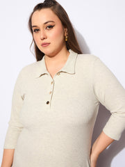 Women Beige Melange Front Button Midi Dress