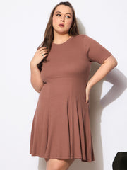 Women Brown Rib Below Knee Skater Dress