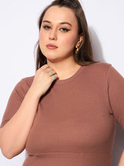 Women Brown Rib Below Knee Skater Dress