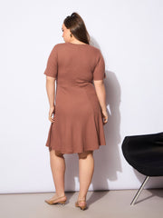 Women Brown Rib Below Knee Skater Dress
