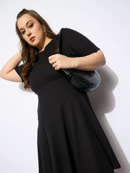Women Black Rib Below Knee Skater Dress