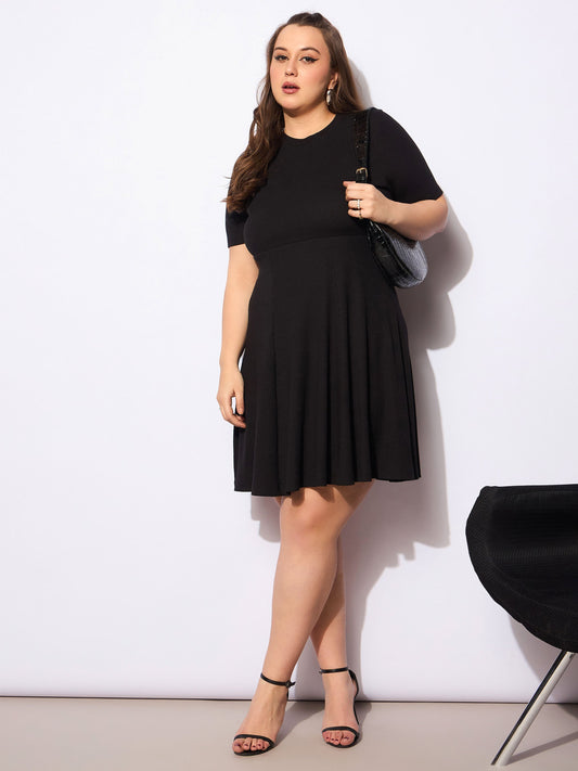 Women Black Rib Below Knee Skater Dress