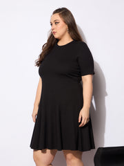 Women Black Rib Below Knee Skater Dress