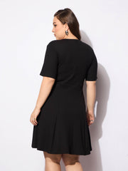 Women Black Rib Below Knee Skater Dress