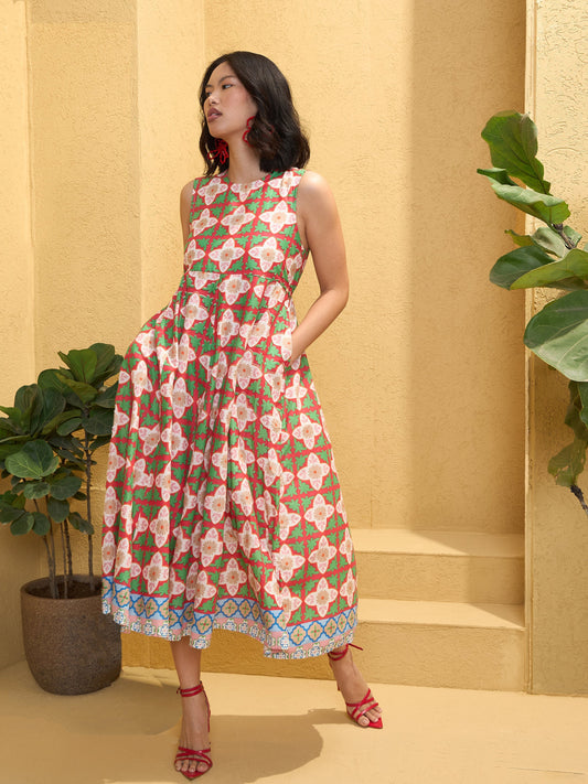 Women Red Floral Round Neck Sleeveless Midi Dress