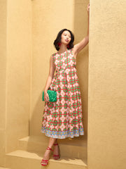 Women Red Floral Round Neck Sleeveless Midi Dress