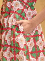 Women Red Floral Round Neck Sleeveless Midi Dress